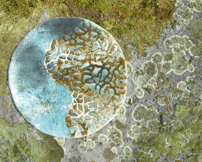 A round patch of blue and white mold with a branching pattern sits among greenish mold clusters on a gray, textured surface.