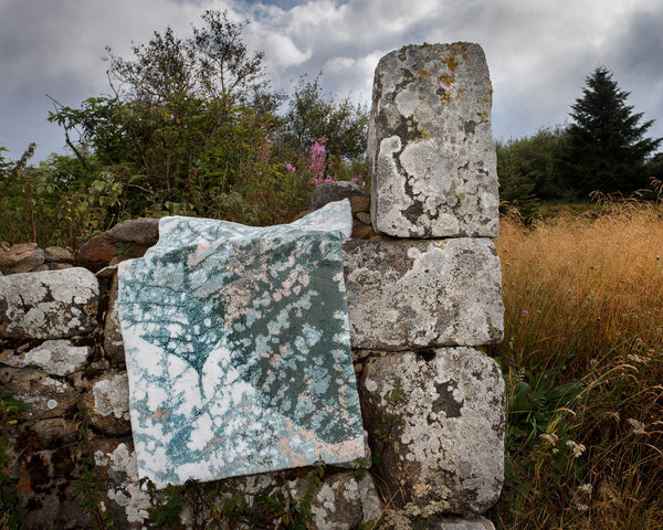 A lichen-covered stone wall with a weathered, patterned blanket draped over it, surrounded by wild grass and dense foliage under a cloudy sky.