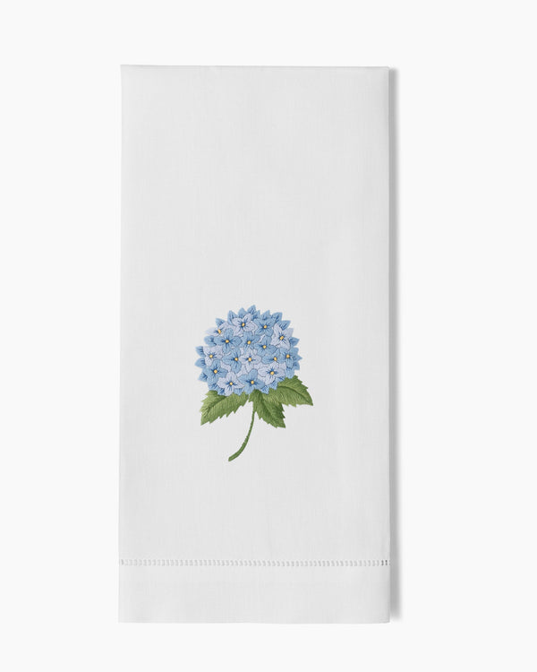 Photo of the Hydrangea Blue Embroidered Linens ensemble.