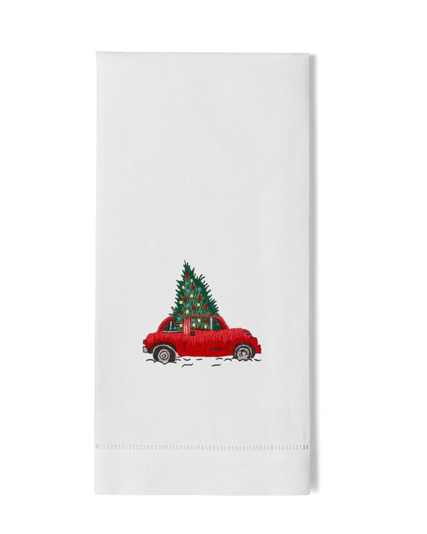 Photo of the Christmas Tree Car Embroidered Linens ensemble.