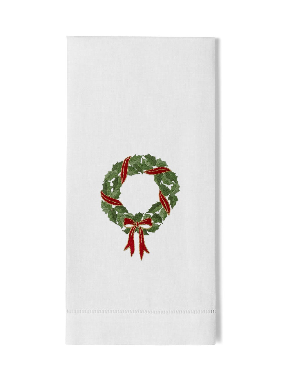 Holly Ribbon Wreath Embroidered Linens