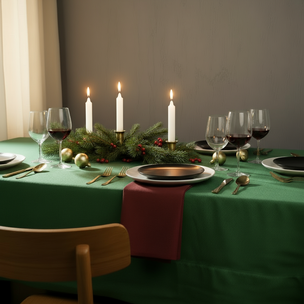 Green linen tablecloth with crimson napkin, holiday centerpiece, candles, and gold ornaments.