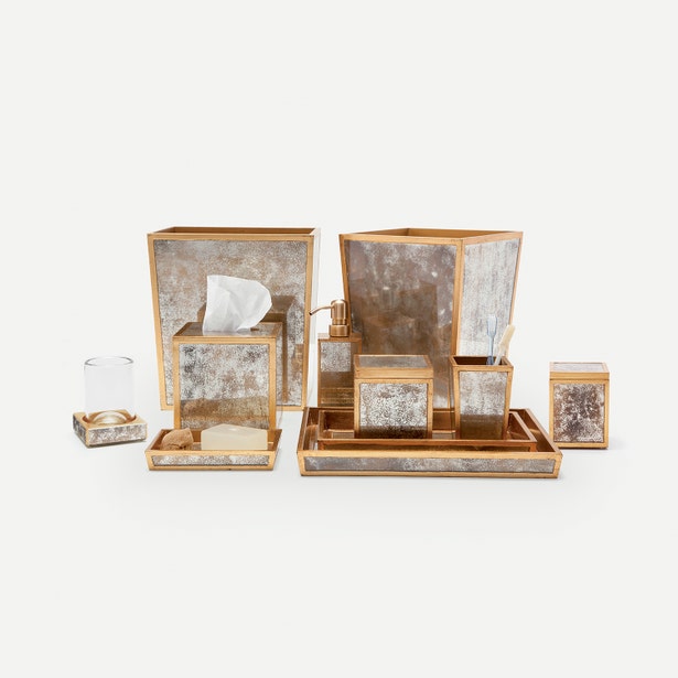 Atwater bath accessory collection in antiqued mirror and gold, full set display.
