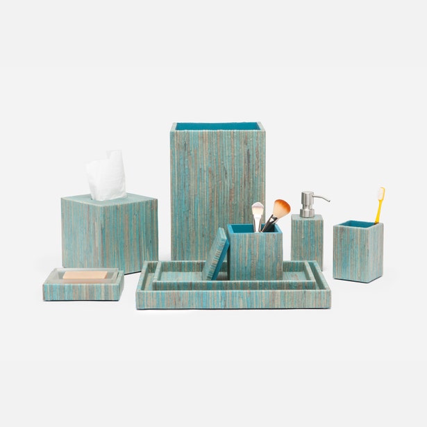 Bali bath accessory set in teal-striped bone inlay, styled with tissue box, tray, and soap pump.