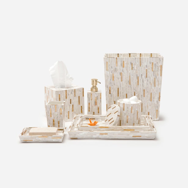 Pigeon & Poodle Cortona bath accessory set in ivory mosaic tile, gold accents.