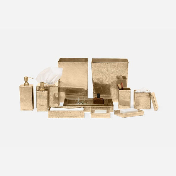 Humbolt gold-tone bath accessory collection arranged on neutral background.