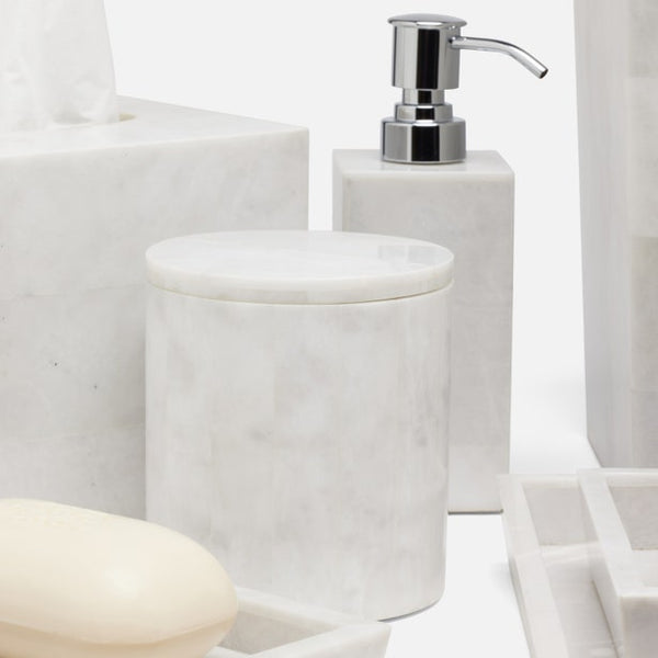 Milan white marble bathroom accessories with soap dispenser, canister, and tray.