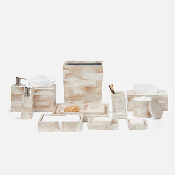 Pigeon & Poodle Palermo II ivory bone inlay bath accessory collection arranged on white background.