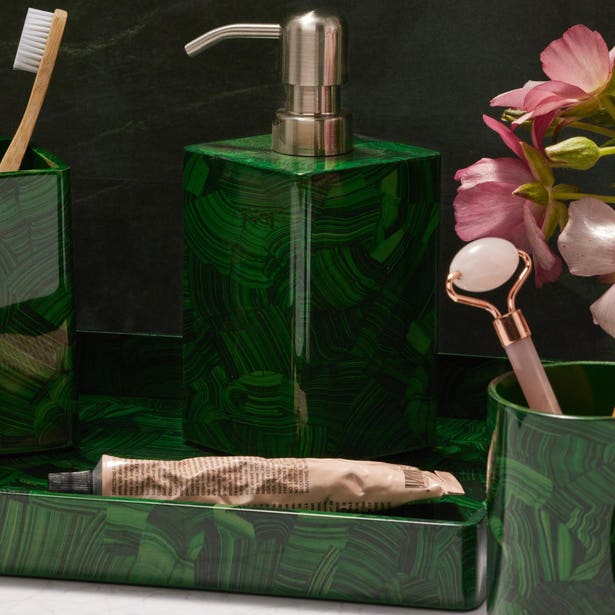 Porter Bath accessories in malachite green, styled set with soap dispenser, tray, and cups.