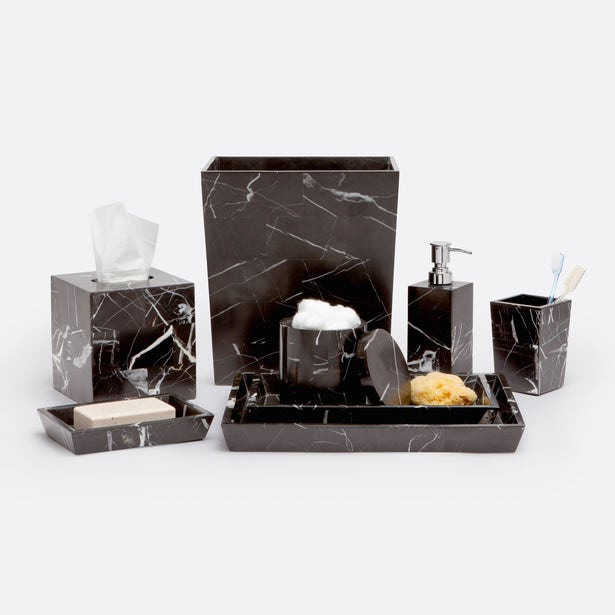 Rhodes bath accessory set in dark marble finish, featuring tissue box, wastebasket, dispenser, tray, and cup.