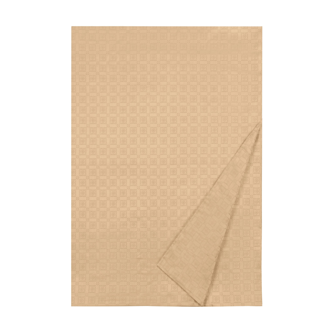Albert bedding in champagne with woven geometric square pattern, corner folded back.