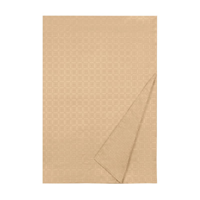 Albert bedding in champagne with woven geometric square pattern, corner folded back.