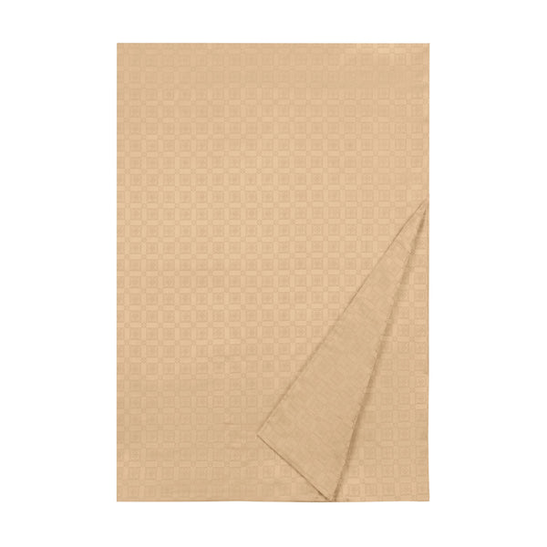 Albert bedding in champagne with woven geometric square pattern, corner folded back.