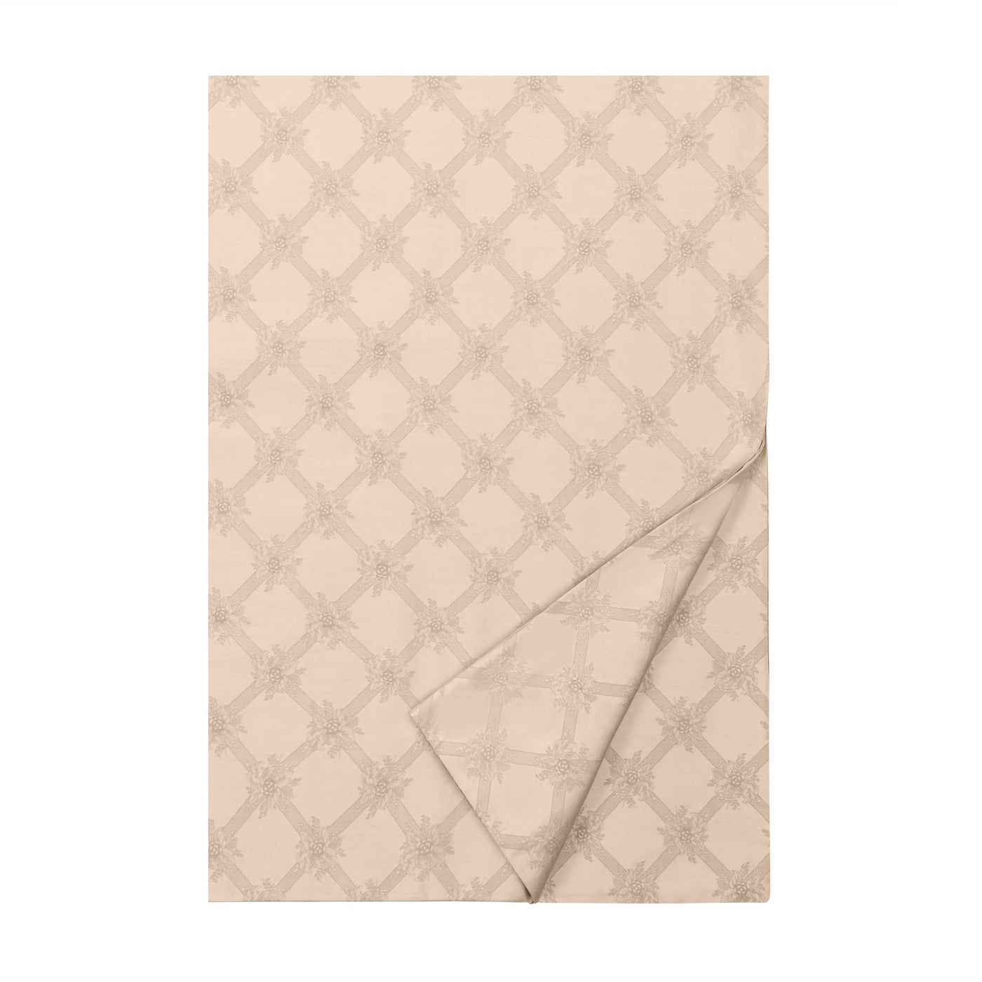 Sferra Alexandra flat sheet in ivory with taupe geometric lattice pattern, folded flat.