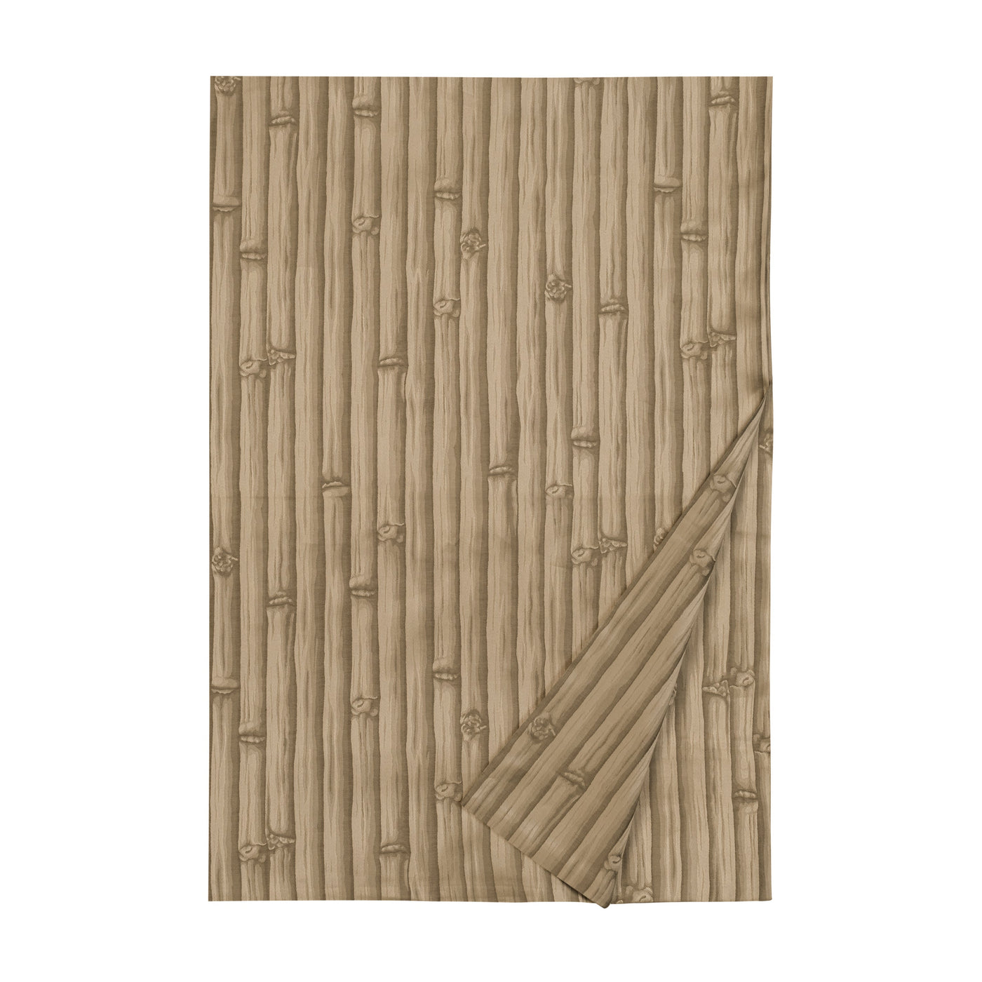 Bamboo allover print flat sheet in tan with woven bamboo stalk pattern, corner folded.