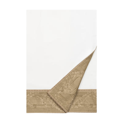 Sferra Bamboo flat sheet in white with folded khaki jacquard border.