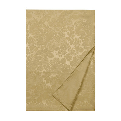 Sferra Blooms champagne jacquard flat sheet with tonal floral pattern, folded corner detail.