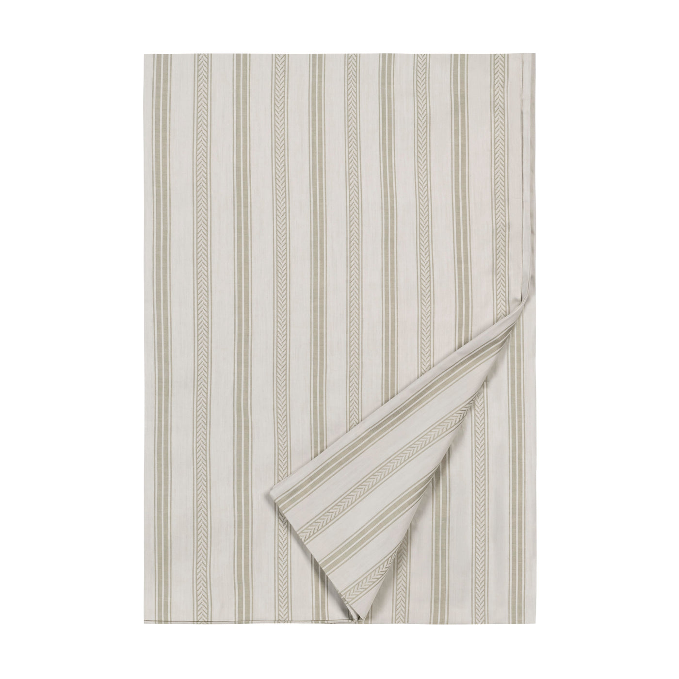 Cambridge ivory and sage striped flat sheet with woven texture, corner folded back.