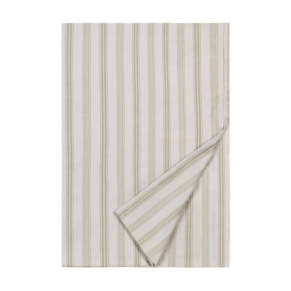 Cambridge ivory and sage striped flat sheet with woven texture, corner folded back.