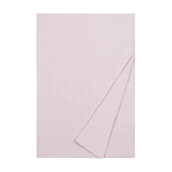 Camden blush cotton flat sheet with subtle grid weave pattern, corner folded back.