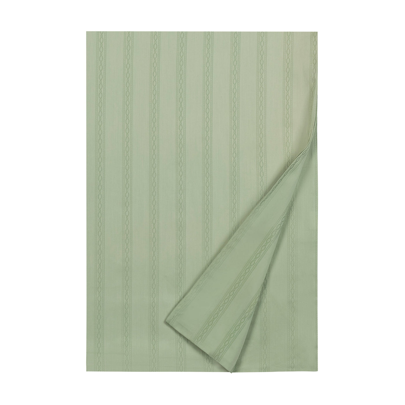 Christiane sage green woven stripe flat sheet with folded corner detail.