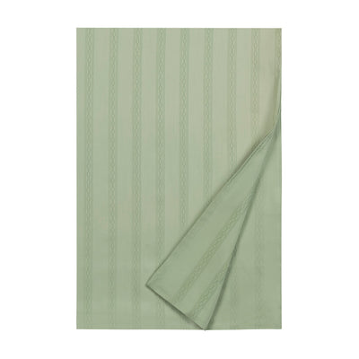 Christiane sage green woven stripe flat sheet with folded corner detail.