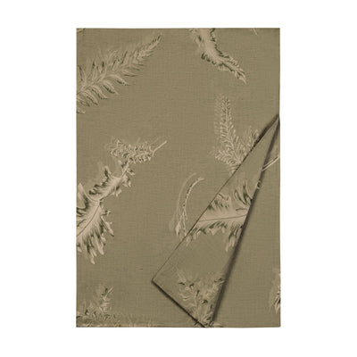 Fern flat sheet in sage linen with tonal botanical fern print, corner folded back.