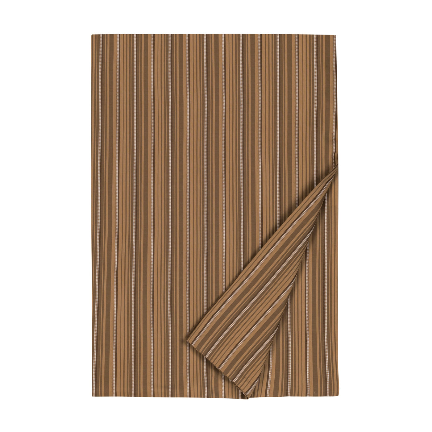 Giorgio flat sheet in caramel and slate multistripe, folded to show fabric face and reverse.