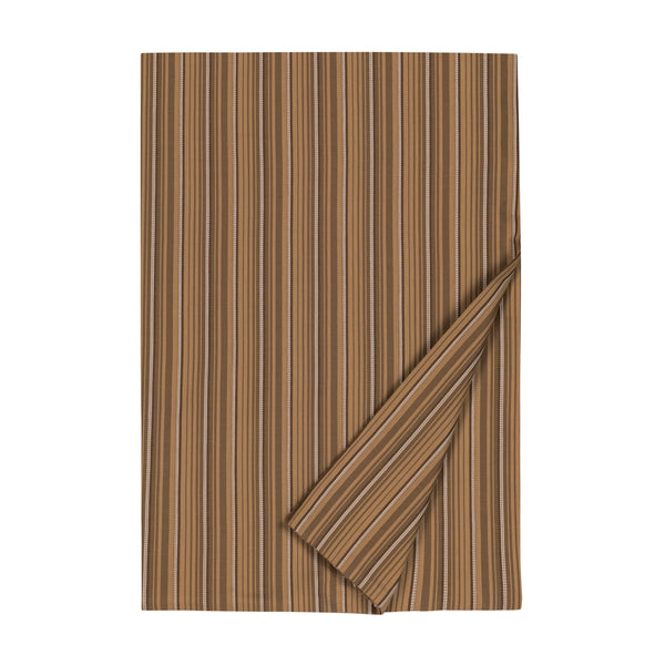 Giorgio flat sheet in caramel and slate multistripe, folded to show fabric face and reverse.