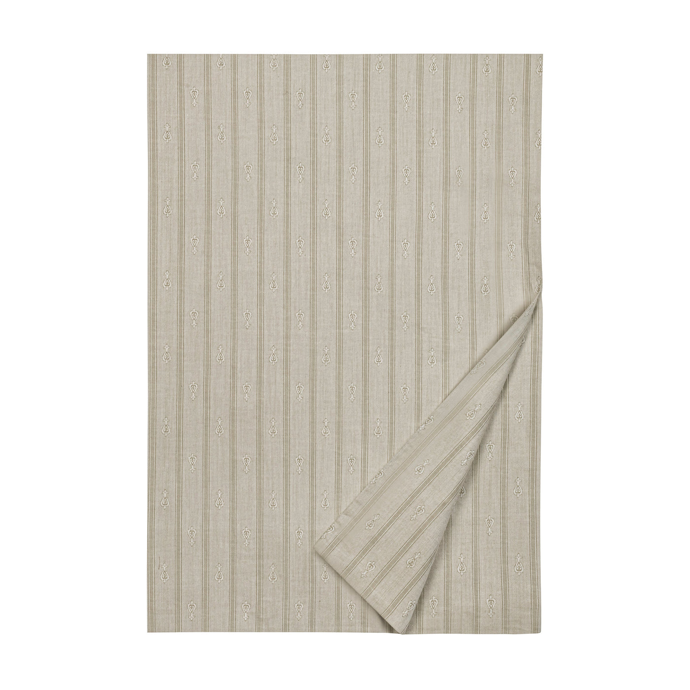 Glory allover striped linen flat sheet in natural with floral detail, corner folded back.