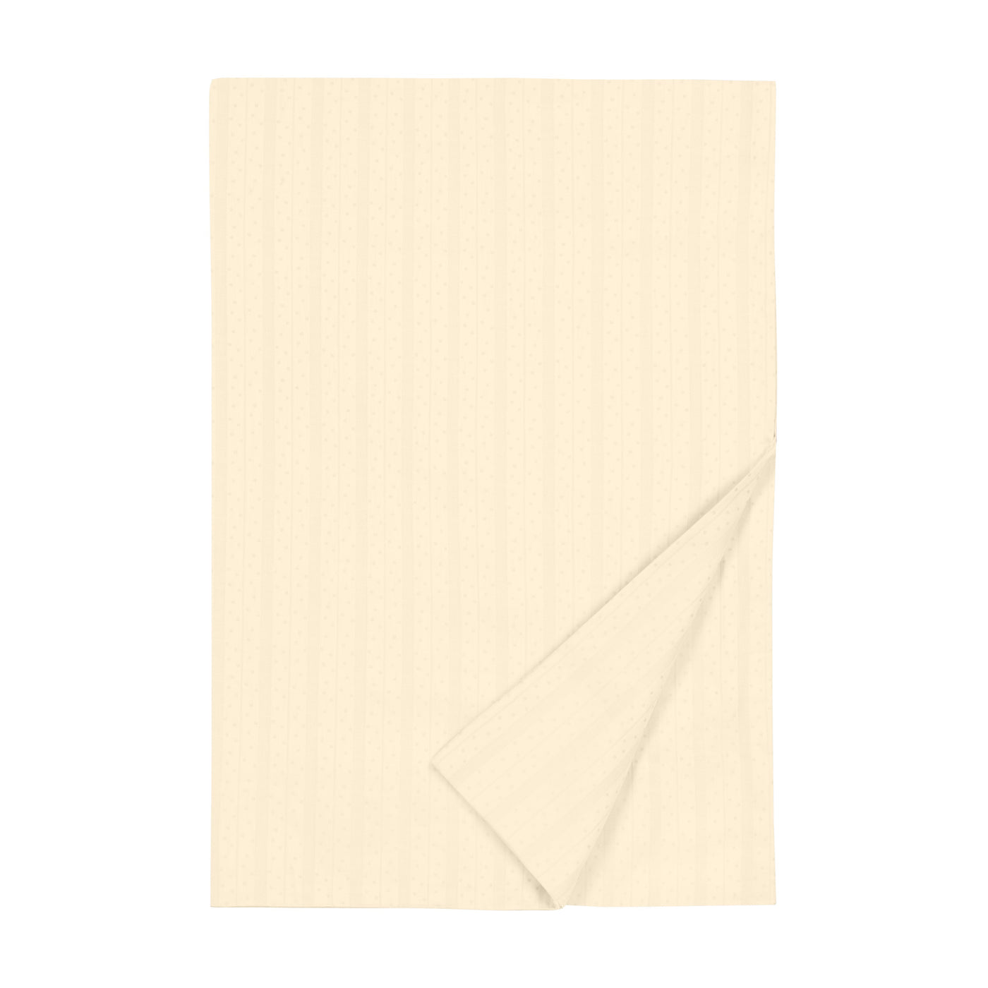 Laylee ivory woven stripe flat sheet with folded corner on white background.