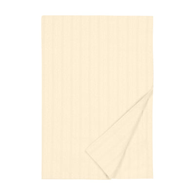 Laylee ivory woven stripe flat sheet with folded corner on white background.
