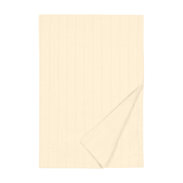Laylee ivory woven stripe flat sheet with folded corner on white background.