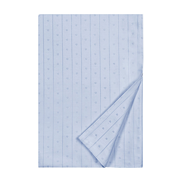 Home Treasures Little Hearts periwinkle flat sheet with woven stripe and heart pattern, corner folded back.