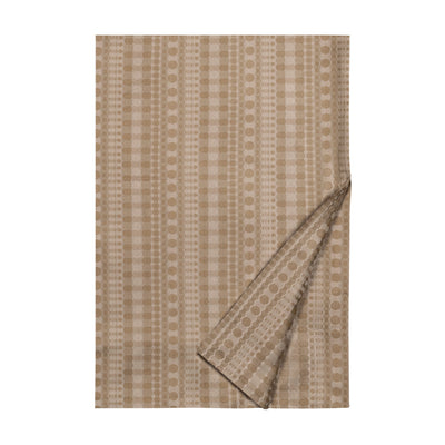 Sferra Metro camel jacquard bedding with geometric dot stripe pattern, corner folded.