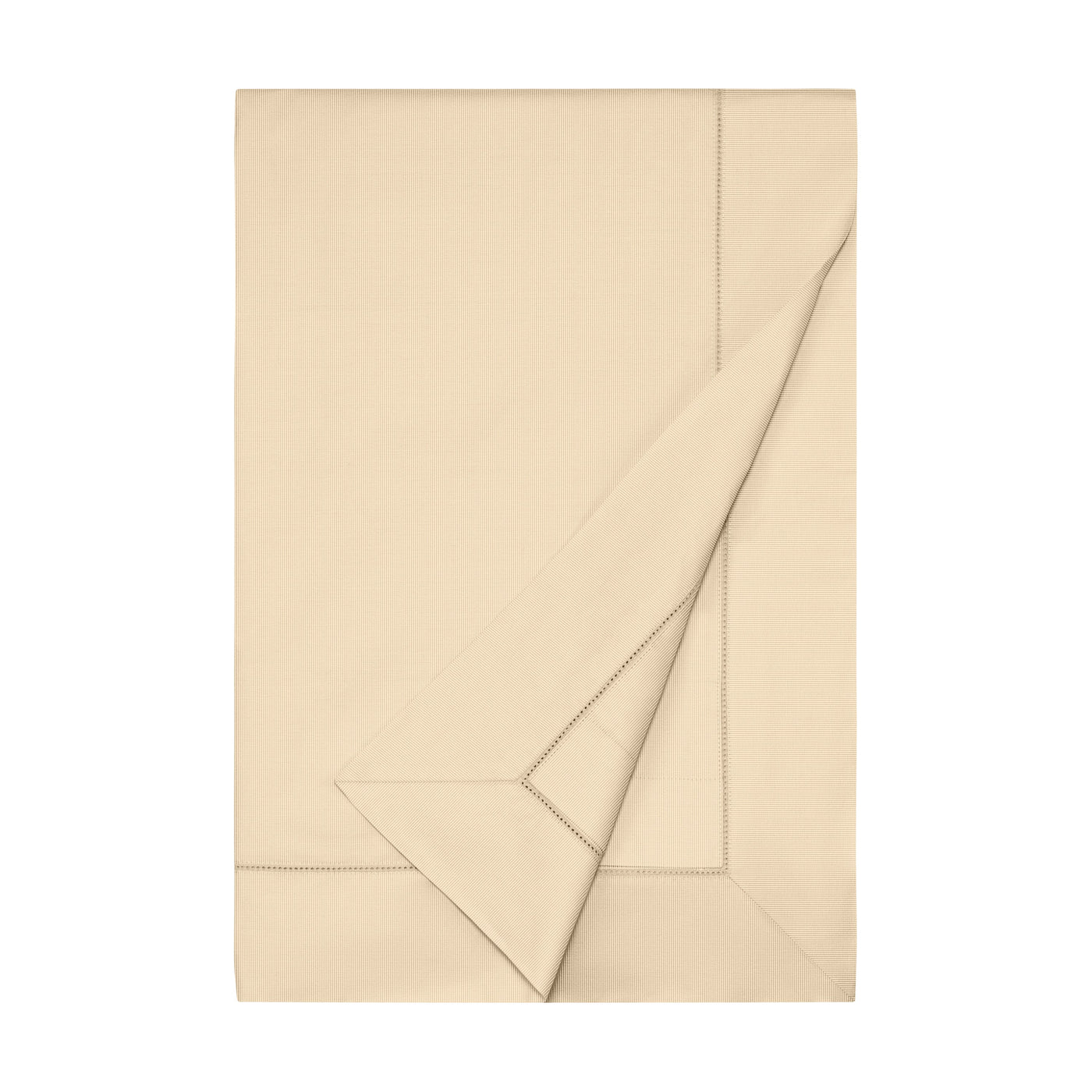 Sferra Miller champagne flat sheet folded with hemstitch border detail.