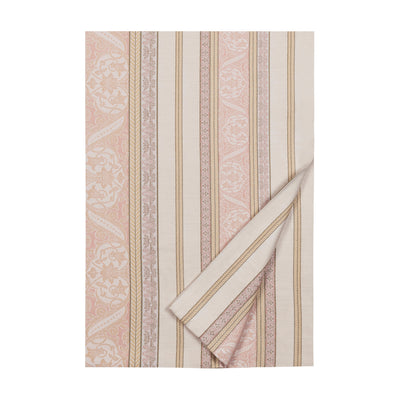Sferra Monaco flat sheet in blush and ivory with woven floral and stripe jacquard pattern.