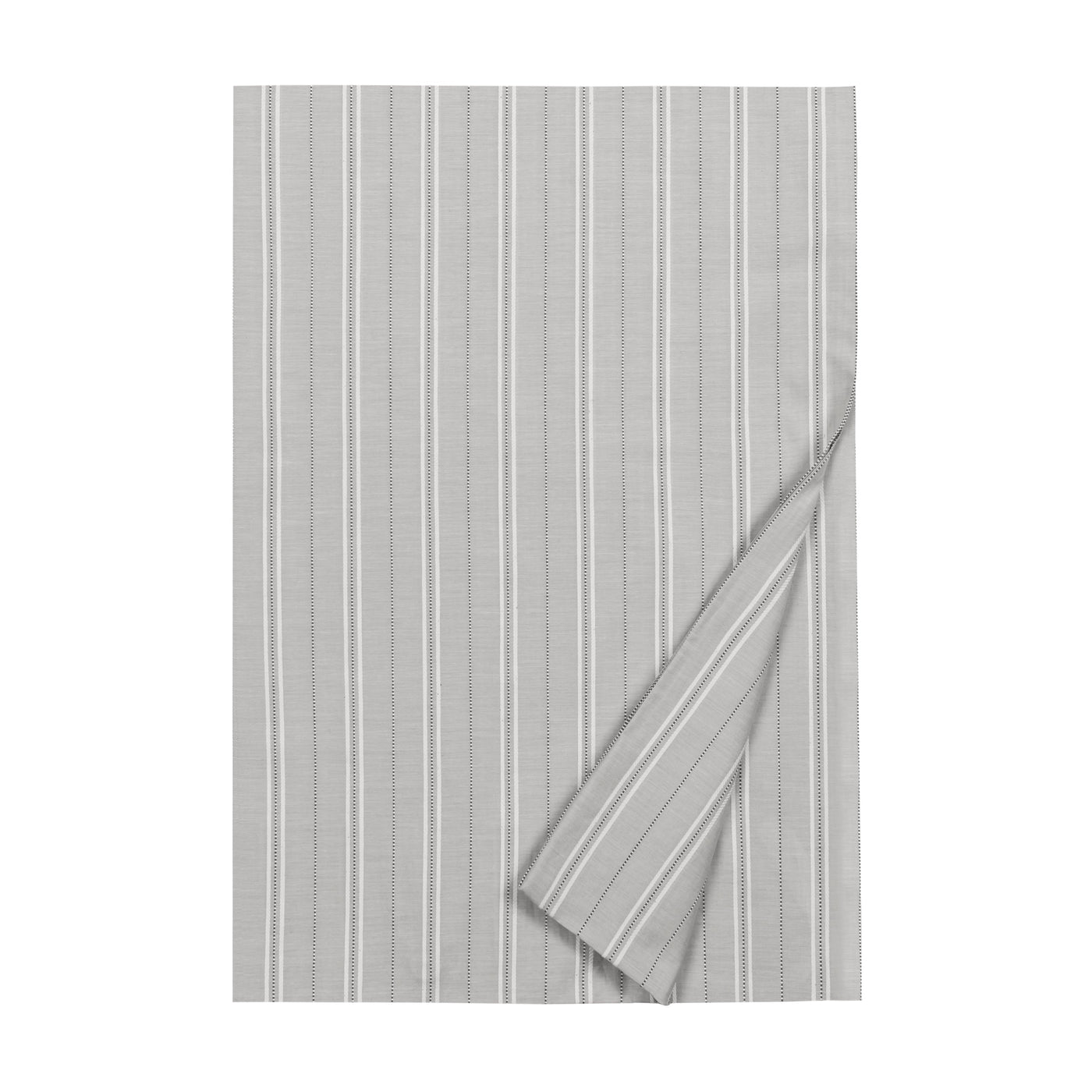 Oxford flat sheet in silver grey cotton with white vertical stripes, folded corner detail.