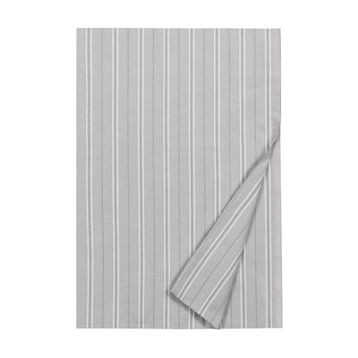 Oxford flat sheet in silver grey cotton with white vertical stripes, folded corner detail.