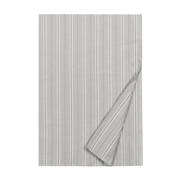 Oxford flat sheet in silver grey cotton with white vertical stripes, folded corner detail.