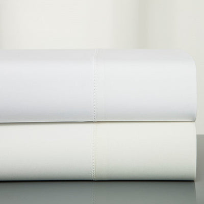 Sferra Plush 1000 folded flat sheets in white and ivory with hemstitch detail.