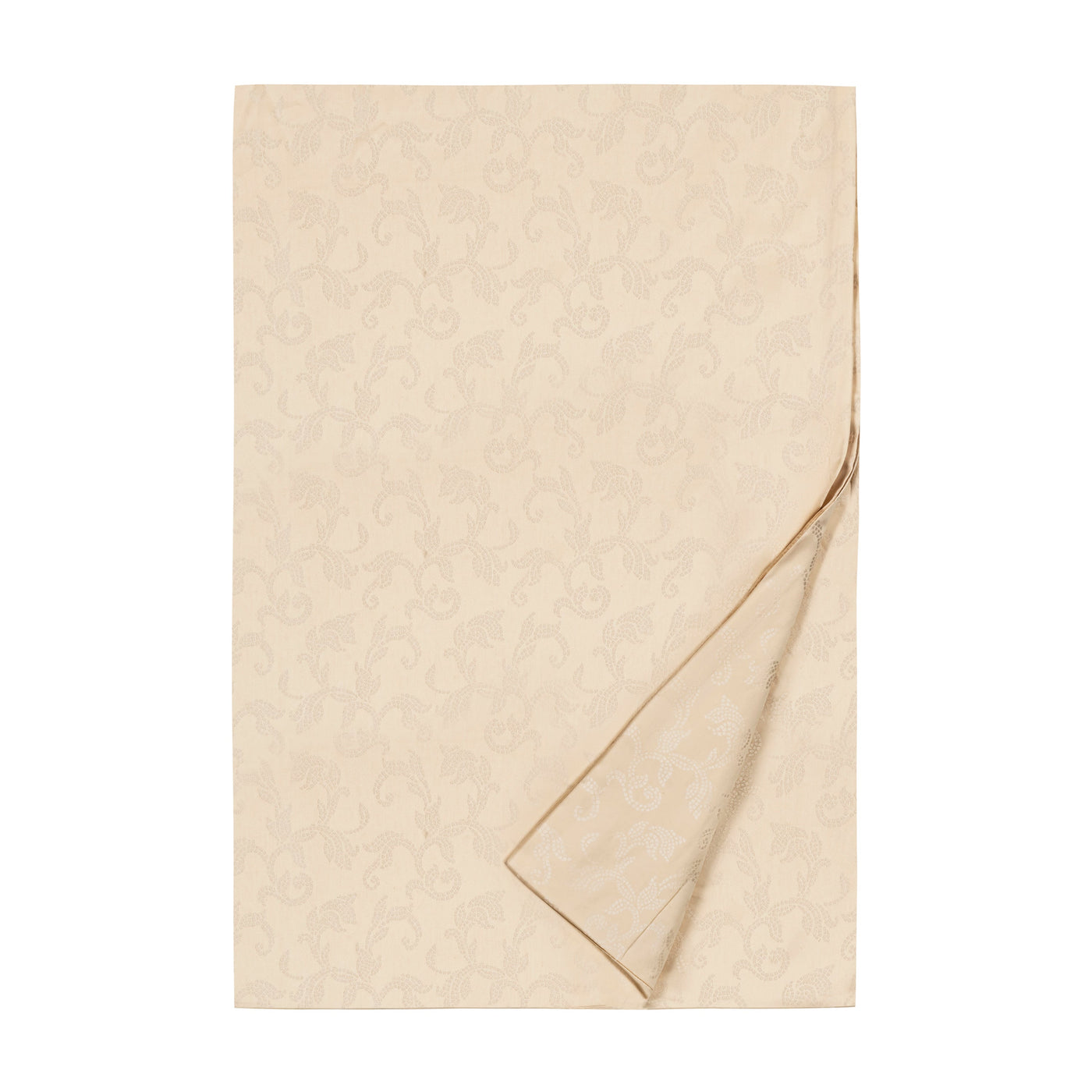 Sferra Splendor champagne damask flat sheet, folded with corner turned back.