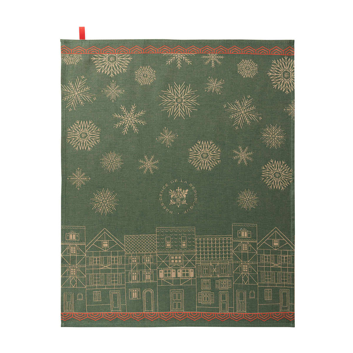 Village de Noël green cotton jacquard tea towel with a winter village scene.