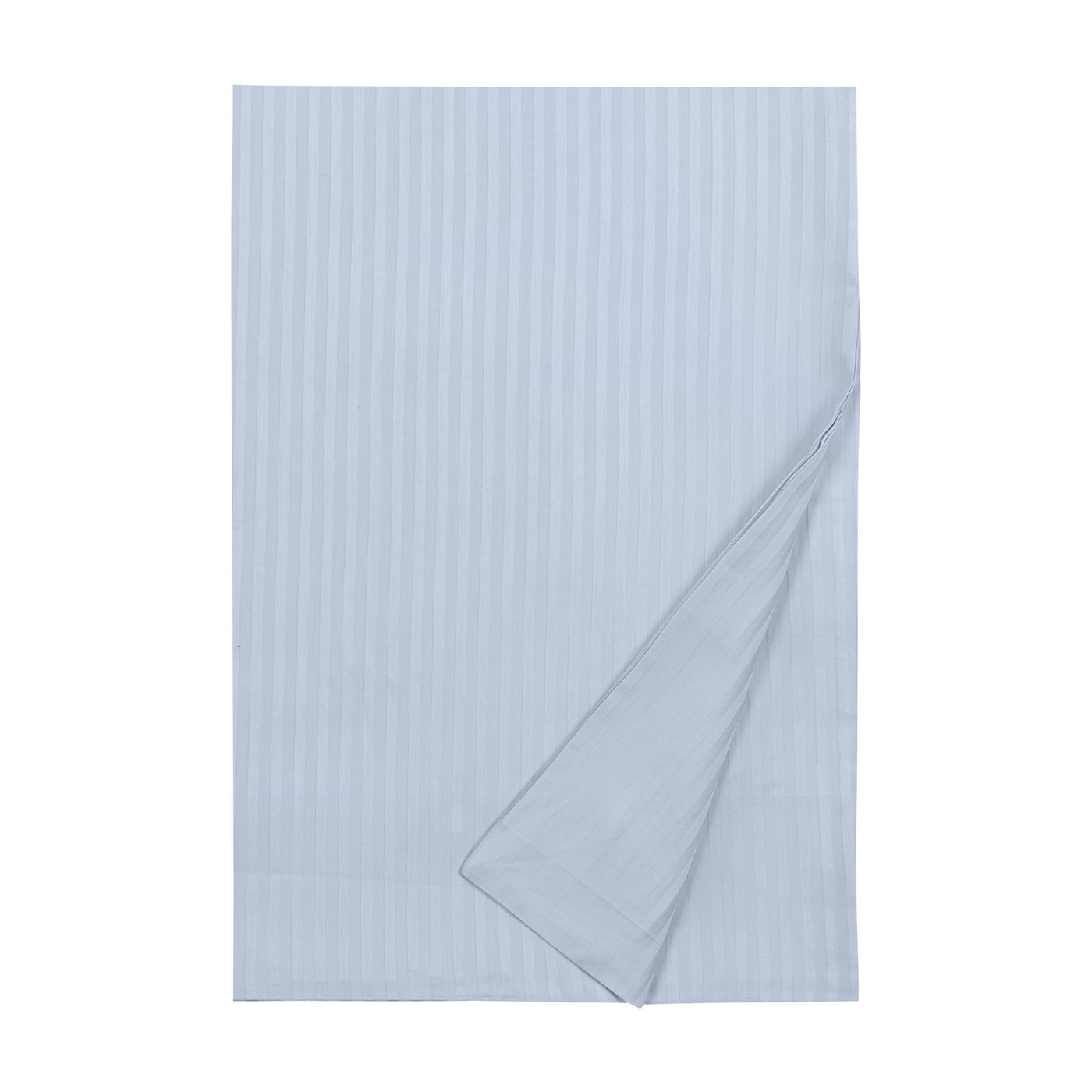 Sferra Windsor sky blue cotton sateen stripe flat sheet, folded corner detail.