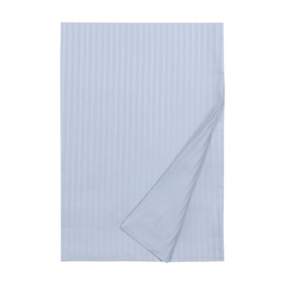 Sferra Windsor sky blue cotton sateen stripe flat sheet, folded corner detail.