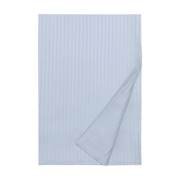 Home Treasures Windsor sky blue cotton sateen stripe flat sheet, folded corner detail.