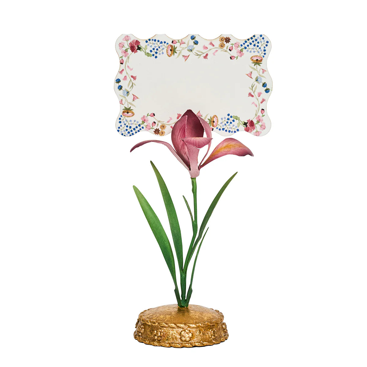Juliska Meadow Walk place card holder with burgundy calla lily stem and gold base.