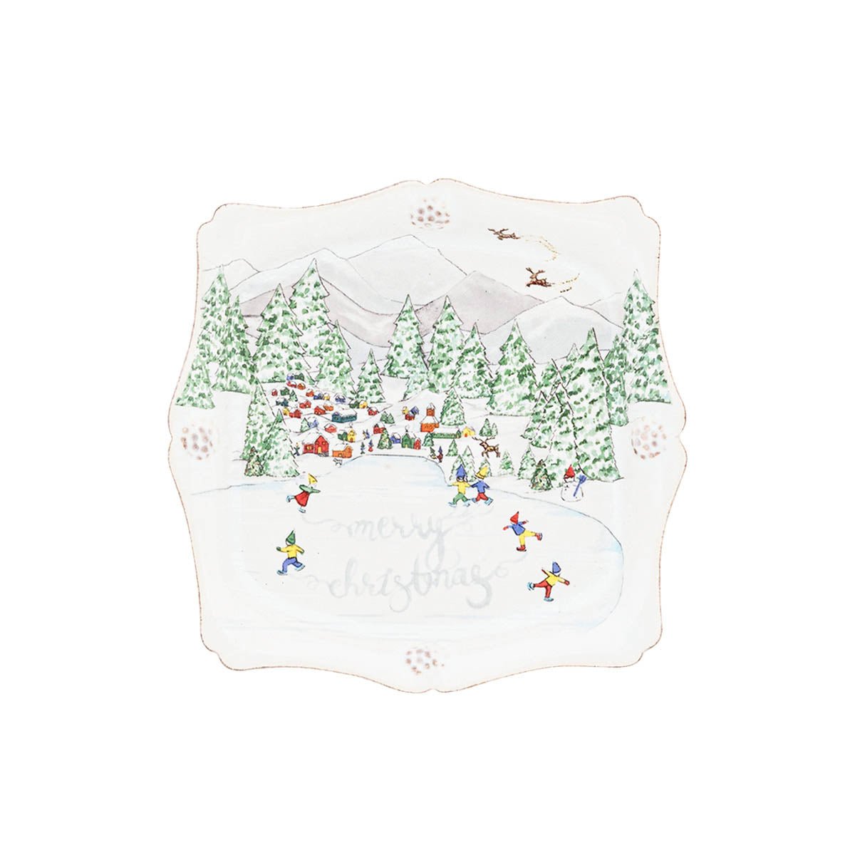Juliska Berry & Thread North Pole 5.5 inch trinket tray with skating elves and Merry Christmas lettering