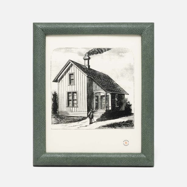Pigeon & Poodle Oxford frame in sage green shagreen with house sketch print inside.