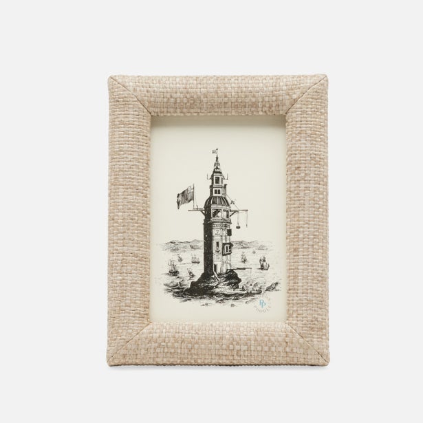 Pigeon & Poodle Belem frame in natural woven texture, displayed with lighthouse print insert.